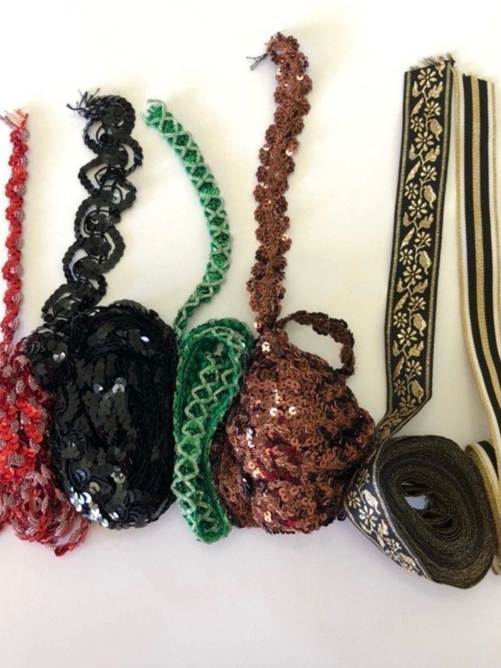 Assorted Decorative Trims and Sequin Braids - Black, Green, Copper, Red, Gold